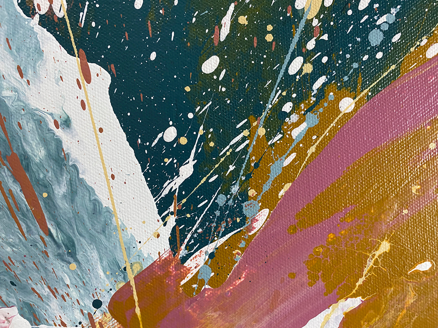 Abstract, expressionism, acrylic painting close-up 3. Splashes and layers of dusty rose, muted teal, dark teal, creamy yellow and white 