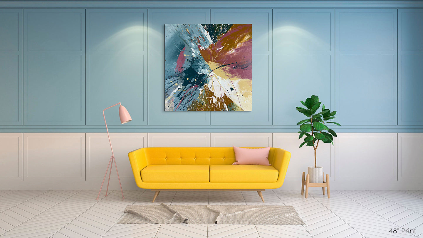 Abstract, expressionism, acrylic 48” print on a blue wall with white wainscoting and a bright yellow couch in a retro-modern room
