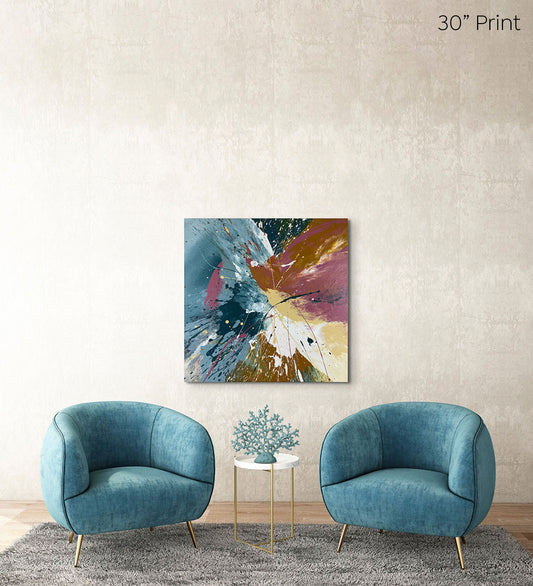 Abstract, expressionism, acrylic 30” print on a tan textured wall with muted teal (or blue-grey) chairs in a contemporary room