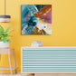 Abstract, expressionism, acrylic 24” painting or print on a bright yellow wall with a light turquoise sideboard in a retro-modern room