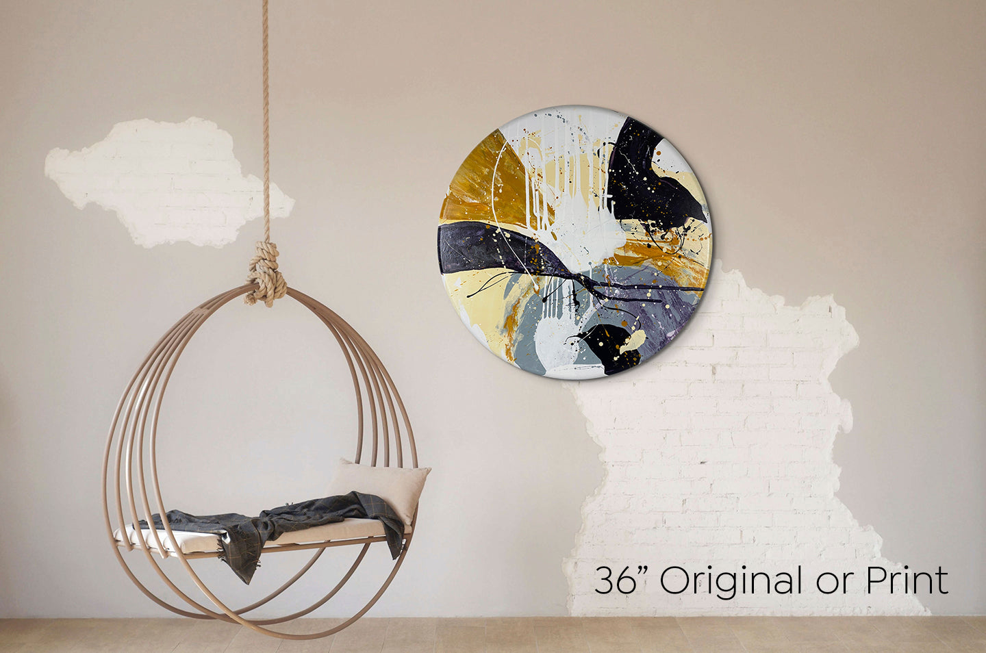 Abstract, acrylic painting on a round canvas with curved-edges shown on a cream distressed wall and a contemporary hanging metal seat.