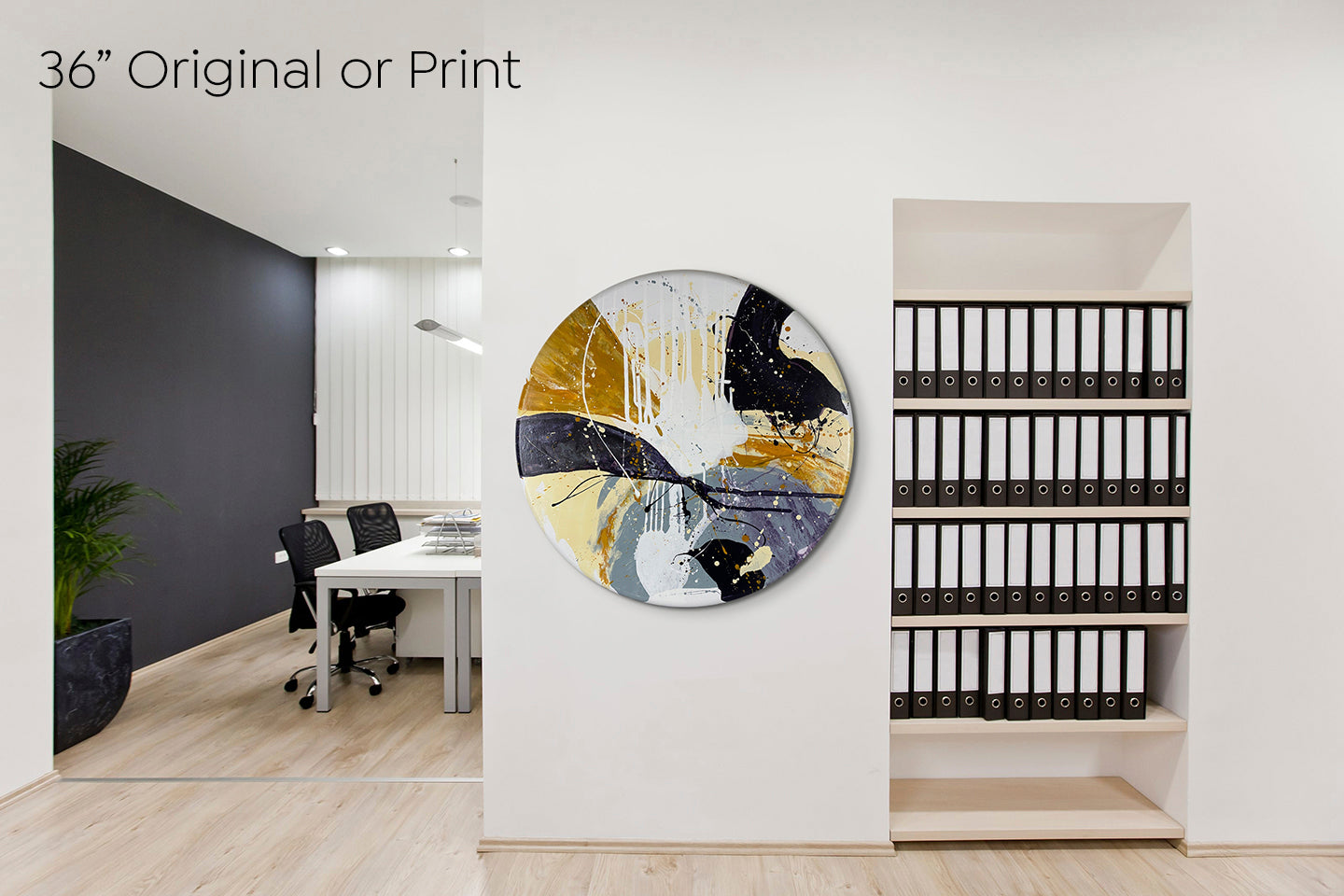 Abstract, acrylic painting on a round canvas with curved-edges shown on a white office reception wall next to a media shelf and dark feature wall.