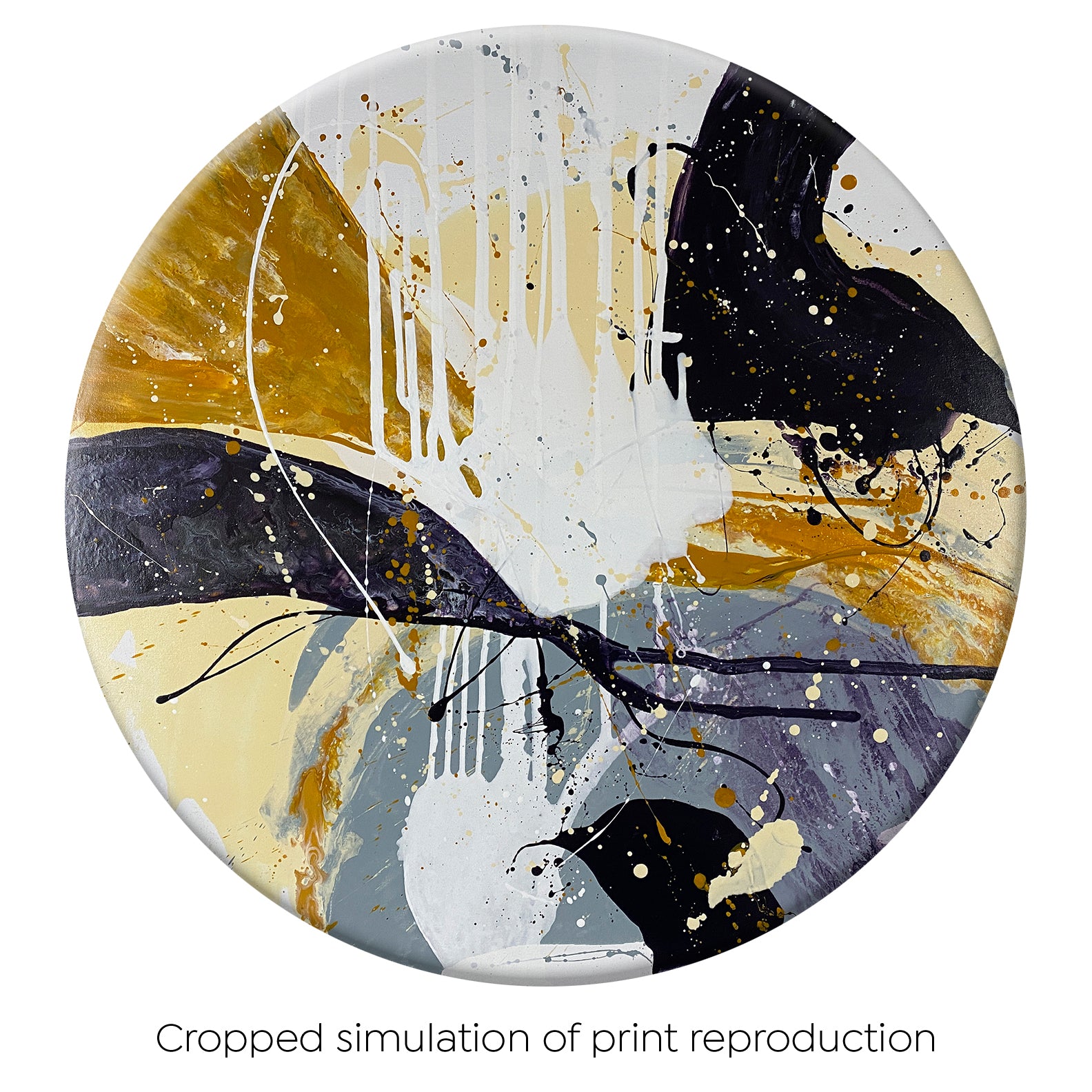 Full view of original abstract acrylic print showing the slight cropped painting that is required for prints of this round painting with the curved-edges