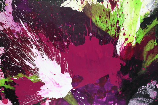 Full horizontal view of abstract acrylic: purple, magenta, lime-green and white on gallery-wrapped canvas.