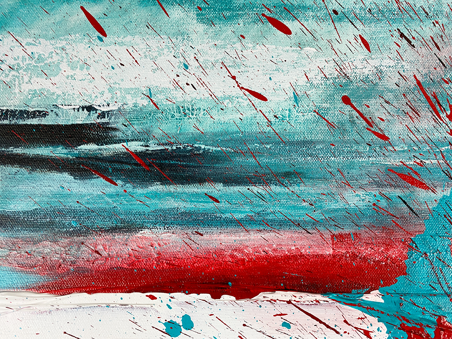 Abstract Expressionism acrylic close-up 2: Black, red, bright white and turquoise blue on a square Gallery-Wrapped canvas