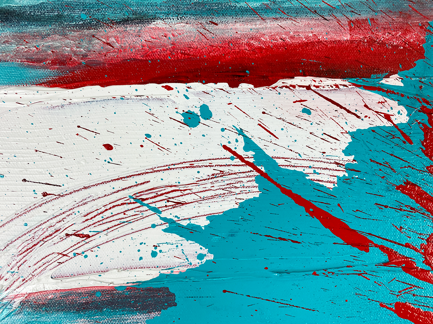 Abstract Expressionism acrylic close-up 6: Black, red, bright white and turquoise blue on a square Gallery-Wrapped canvas
