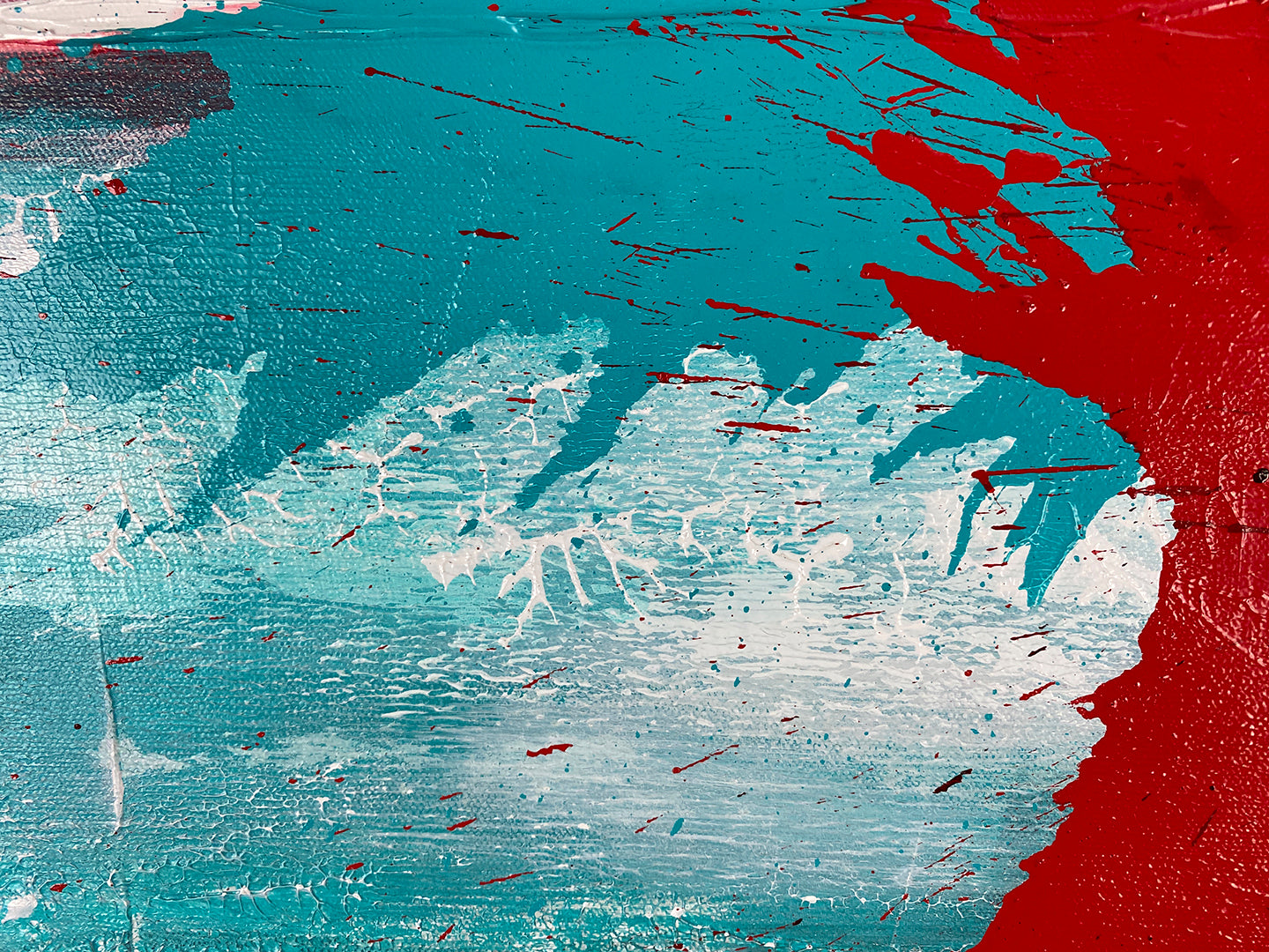 Abstract Expressionism acrylic close-up 3: Black, red, bright white and turquoise blue on a square Gallery-Wrapped canvas