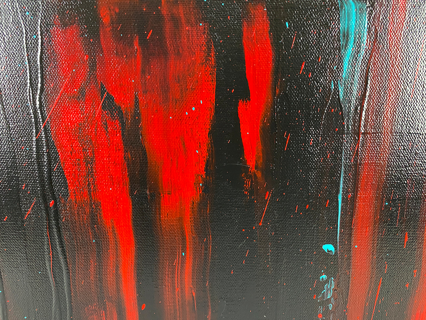 Abstract Expressionism acrylic close-up 4: Black, red, bright white and turquoise blue on a square Gallery-Wrapped canvas