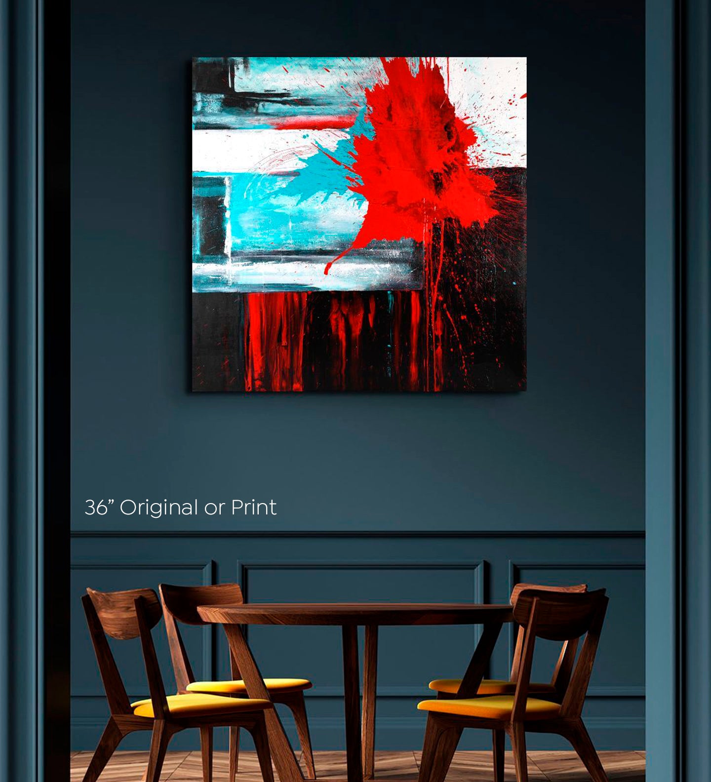 Abstract Expressionism acrylic 24” print: black, red, bright white and turquoise blue on square Gallery-Wrapped canvas on dark dining room wall
