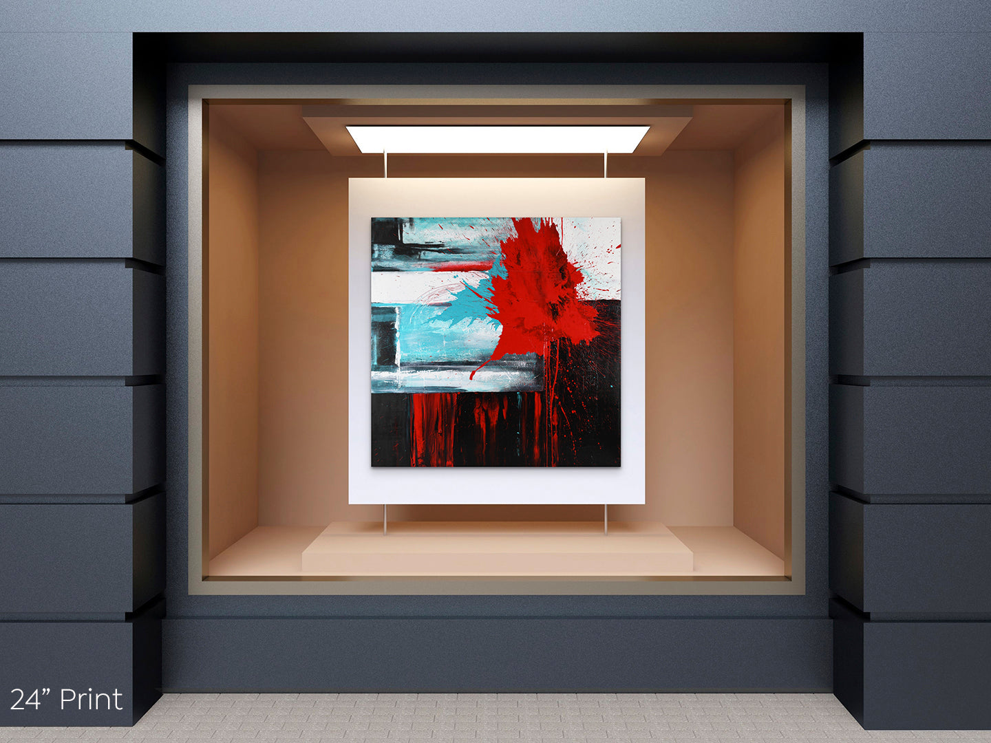 Abstract Expressionism acrylic 24” print: black, red, bright white and turquoise blue on square Gallery-Wrapped canvas in a gallery window display
