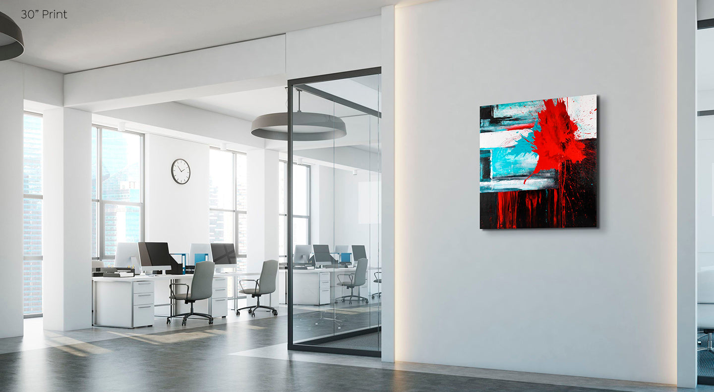 Abstract Expressionism acrylic 30” print: black, red, bright white and turquoise blue on square Gallery-Wrapped canvas on white fancy office reception wall.