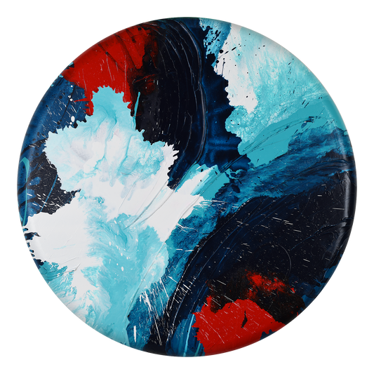 Full view of the abstract, expressionism, acrylic painting: overlapping explosions of dark blue, turquoise, bright red and white on a Convexo, curved-edge canvas
