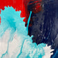 Abstract, expressionism, acrylic painting close-up 4. Overlapping explosions of dark blue, turquoise, bright red and white