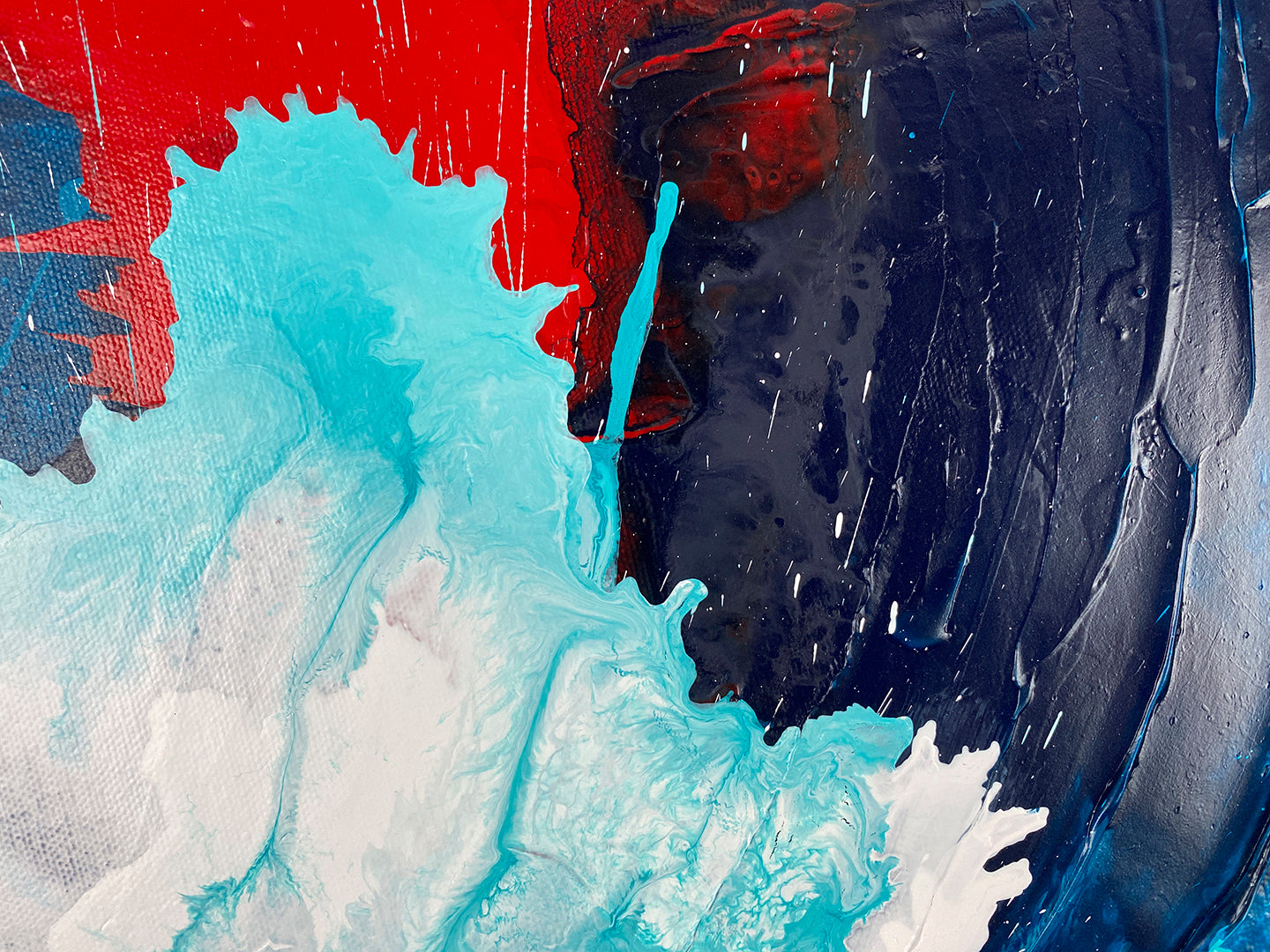 Abstract, expressionism, acrylic painting close-up 4. Overlapping explosions of dark blue, turquoise, bright red and white