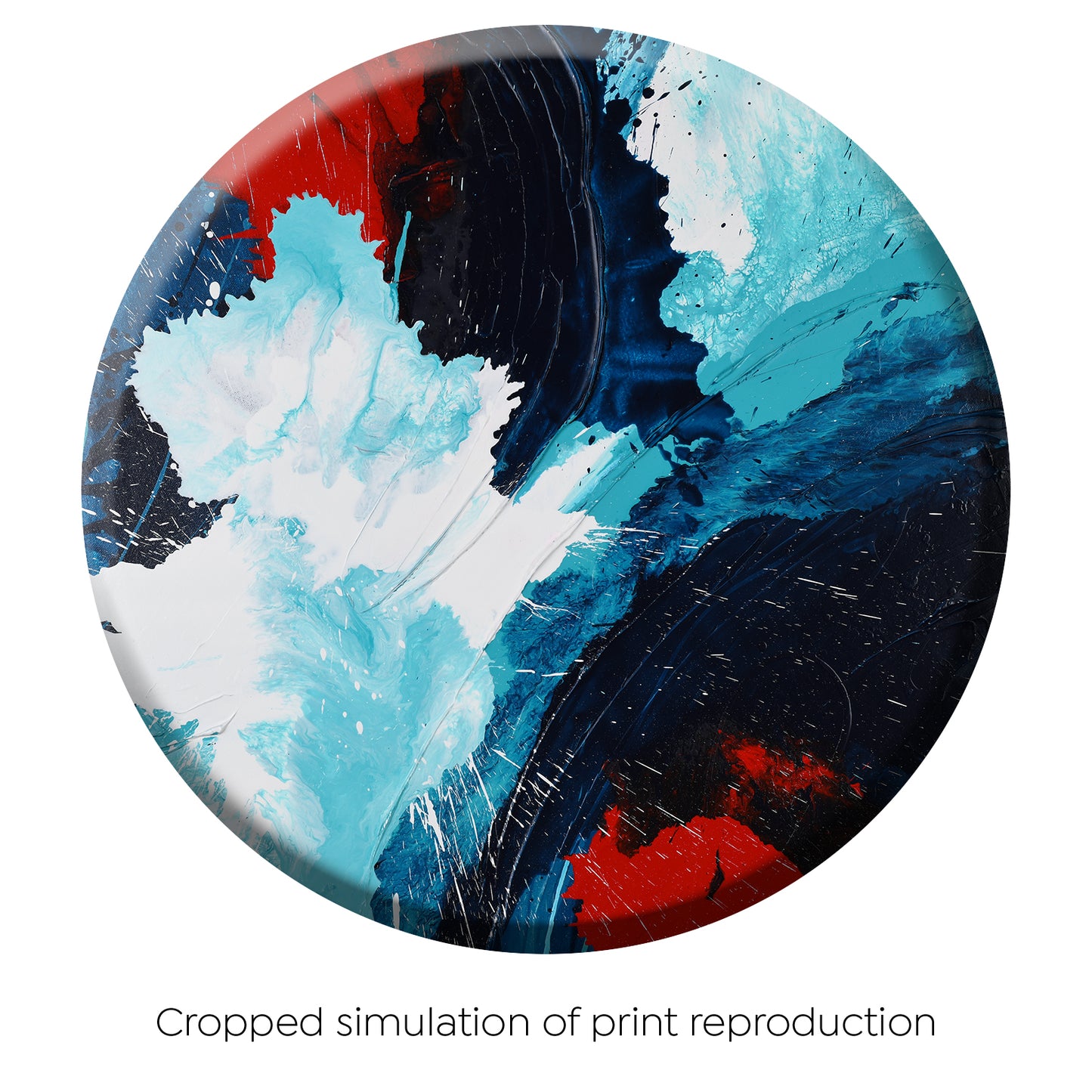 Full view of the abstract, expressionism, acrylic: overlapping explosions of dark blue, turquoise, bright red and white cropped in slightly from original to work on a giclee print.
