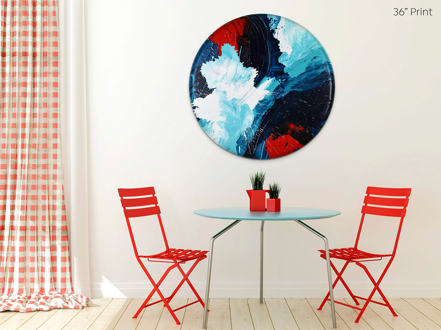Abstract, expressionism, acrylic 36” giclee print: overlapping explosions of dark blue, turquoise, bright red and white on a medium white dining room wall above a retro red and turquoise dining table set