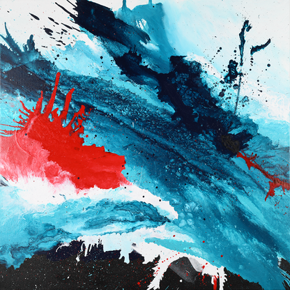 Full view of the abstract, expressionism, acrylic 24” original painting: volatile chemical reactions of black, dark blue, turquoise, bright red and white on a Gallery-Wrapped canvas.