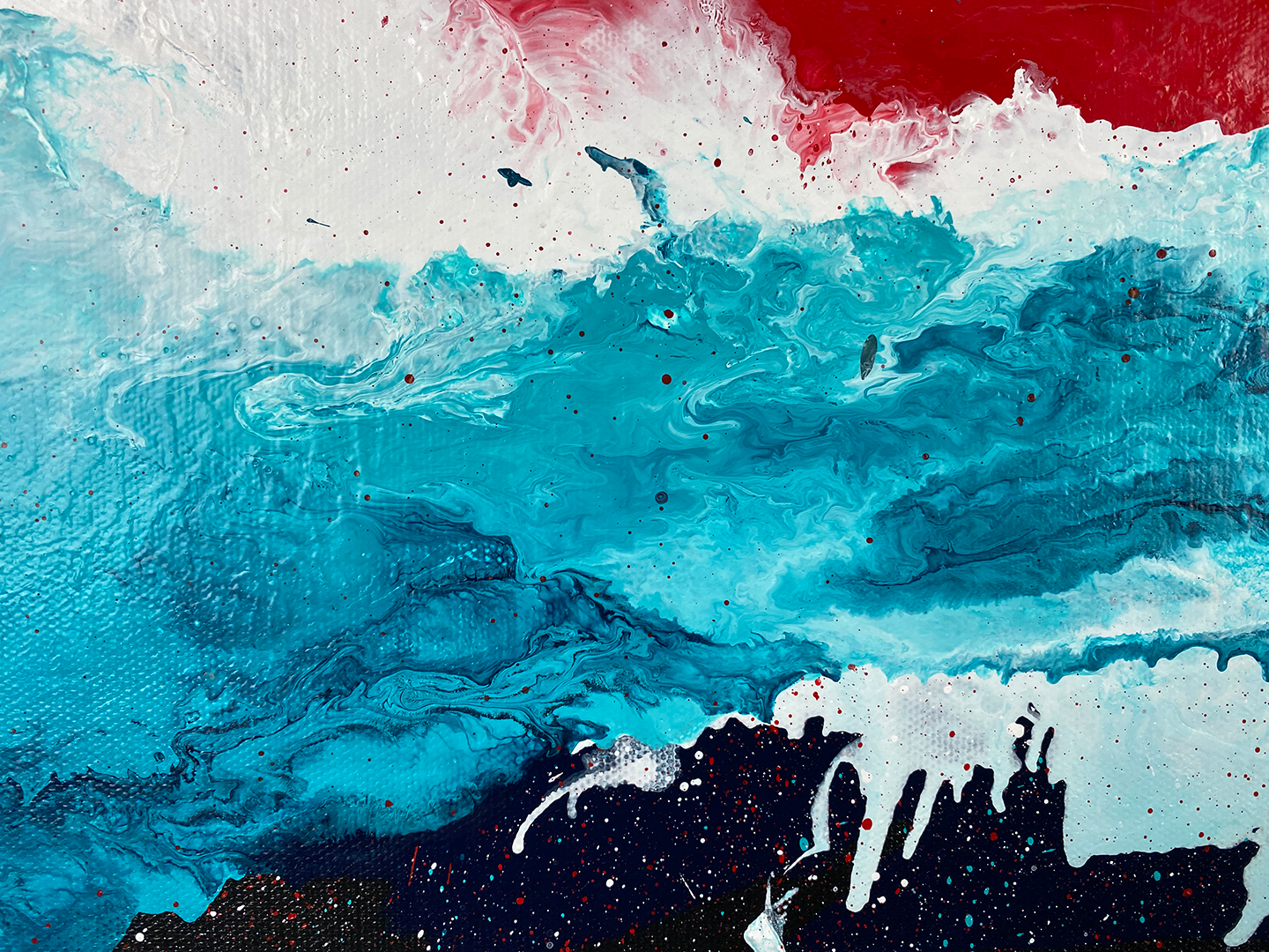 Abstract, expressionism, acrylic painting close-up 1. Volatile interactions of black, dark blue, turquoise, bright red and white
