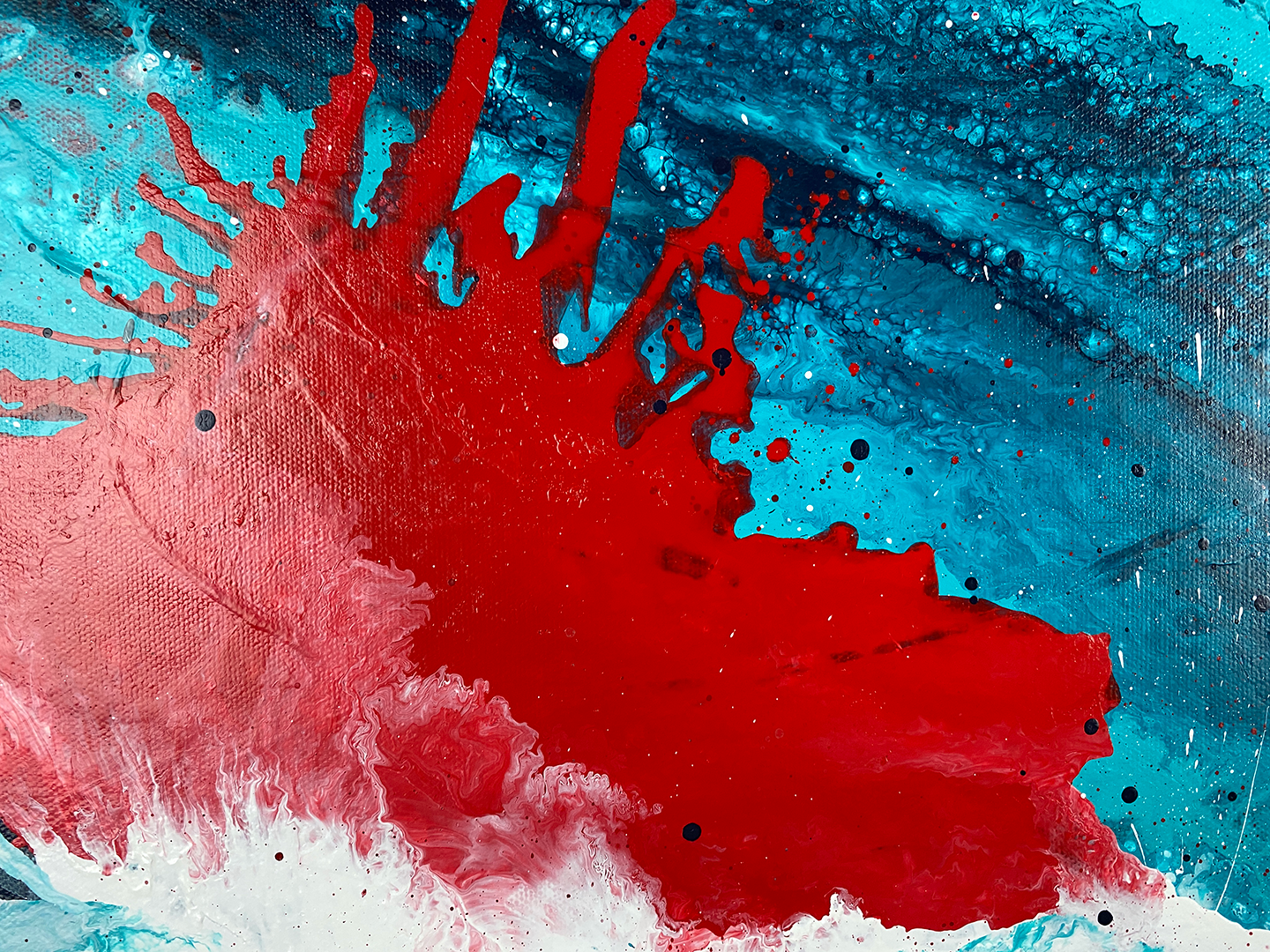 Abstract, expressionism, acrylic painting close-up 3. Volatile interactions of black, dark blue, turquoise, bright red and white