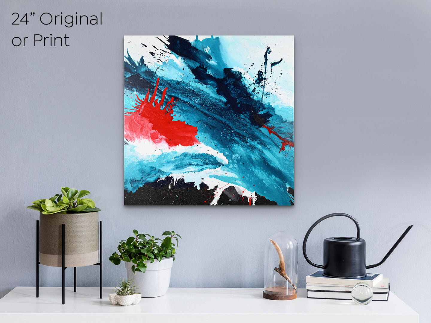 Abstract, expressionism, acrylic 24” original painting or giclee print: volatile chemical reactions of black, dark blue, turquoise, bright red and white on a pale grey wall above a table
