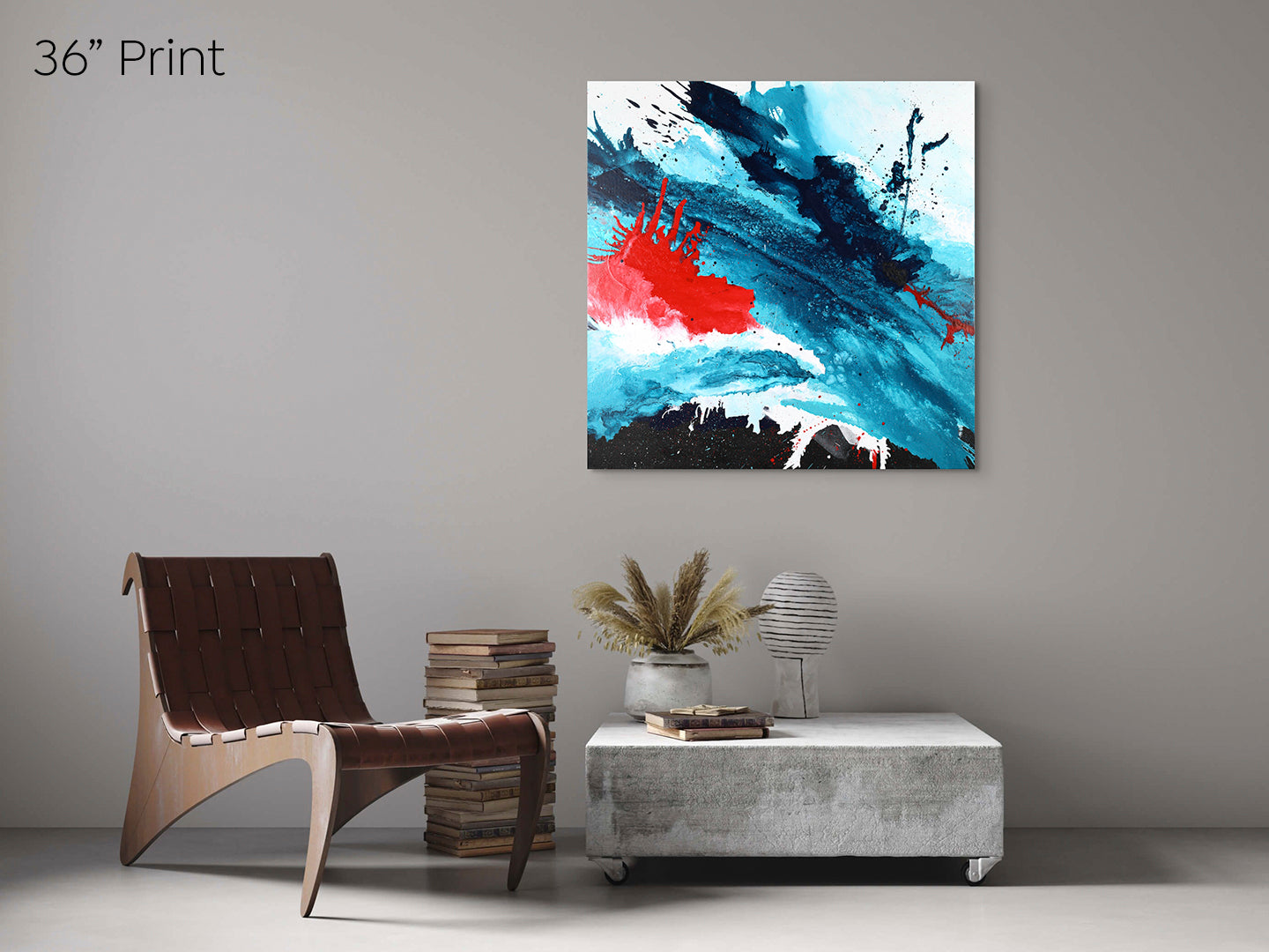Abstract, expressionism, acrylic 36” giclee print: volatile chemical reactions of black, dark blue, turquoise, bright red and white on a medium grey wall in urban-chic living room