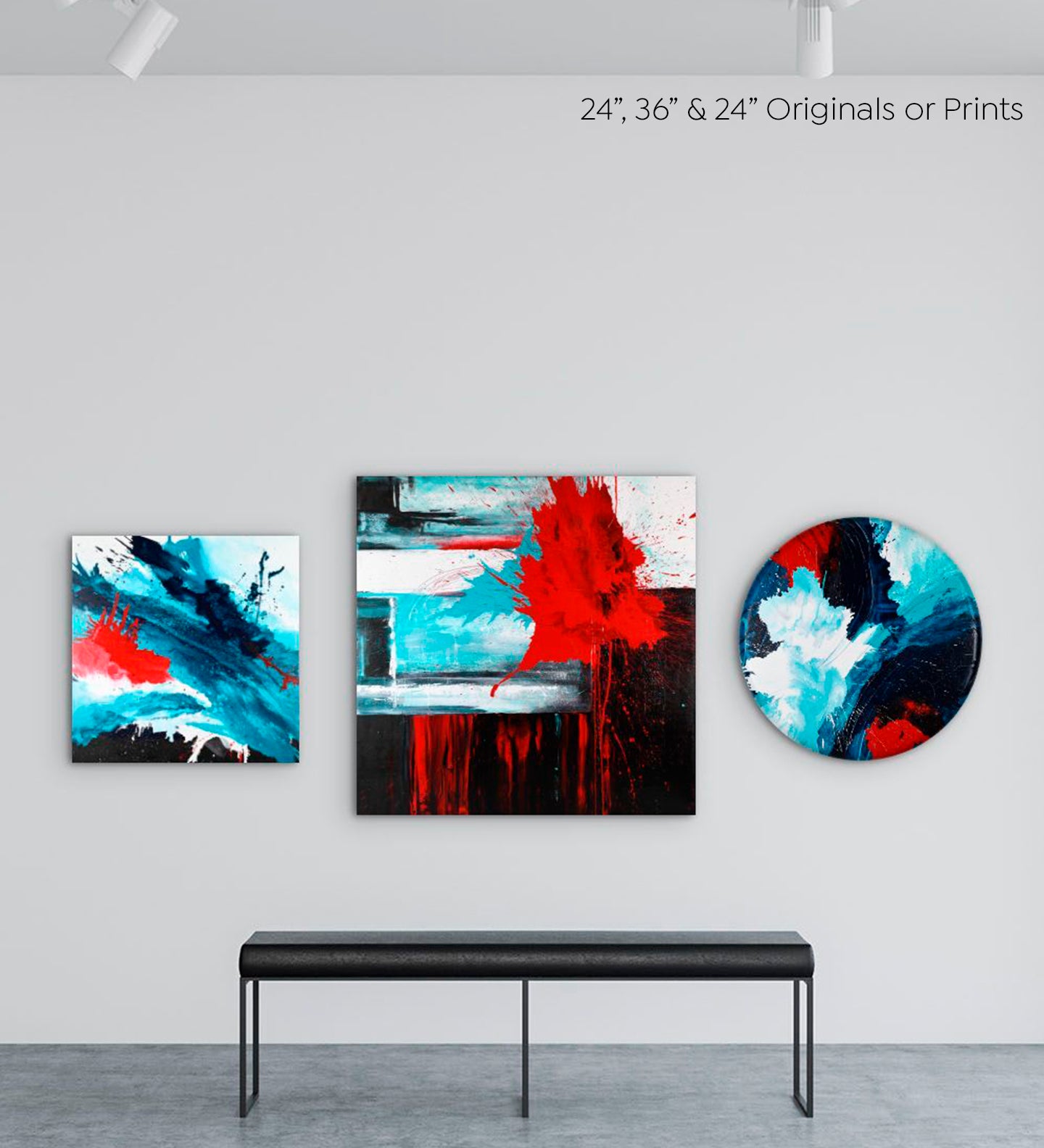 Abstract Expressionism acrylic 24” print or original (on the left): black, red, bright white and turquoise blue on square Convexo, curved-edge canvas on white gallery wall with two other paintings from the same series.
