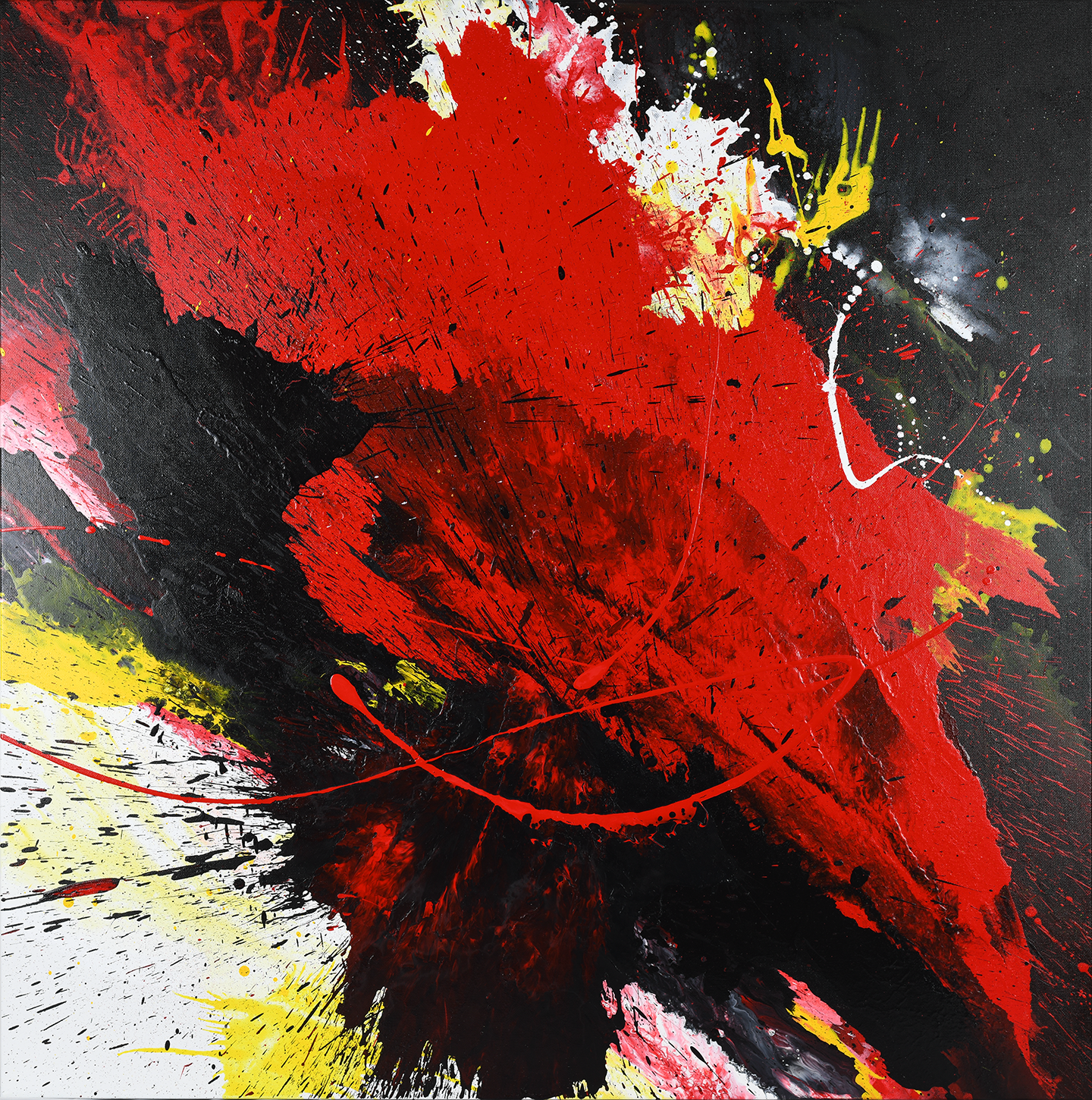 Full view of the abstract, expressionism, acrylic 36” original painting or print: tumultuous explosion of bright red, black, yellow and white on a Gallery-Wrapped canvas