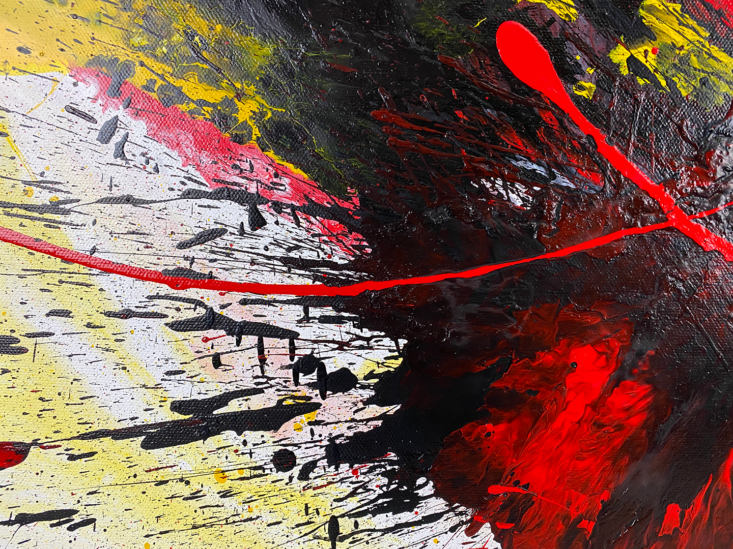 Abstract, expressionism, acrylic painting close-up 2. Tumultuous explosion of bright red, black, yellow and white on a Gallery-Wrapped canvas