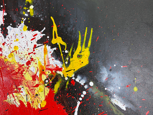 Abstract, expressionism, acrylic painting close-up 1. Tumultuous explosion of bright red, black, yellow and white on a Gallery-Wrapped canvas