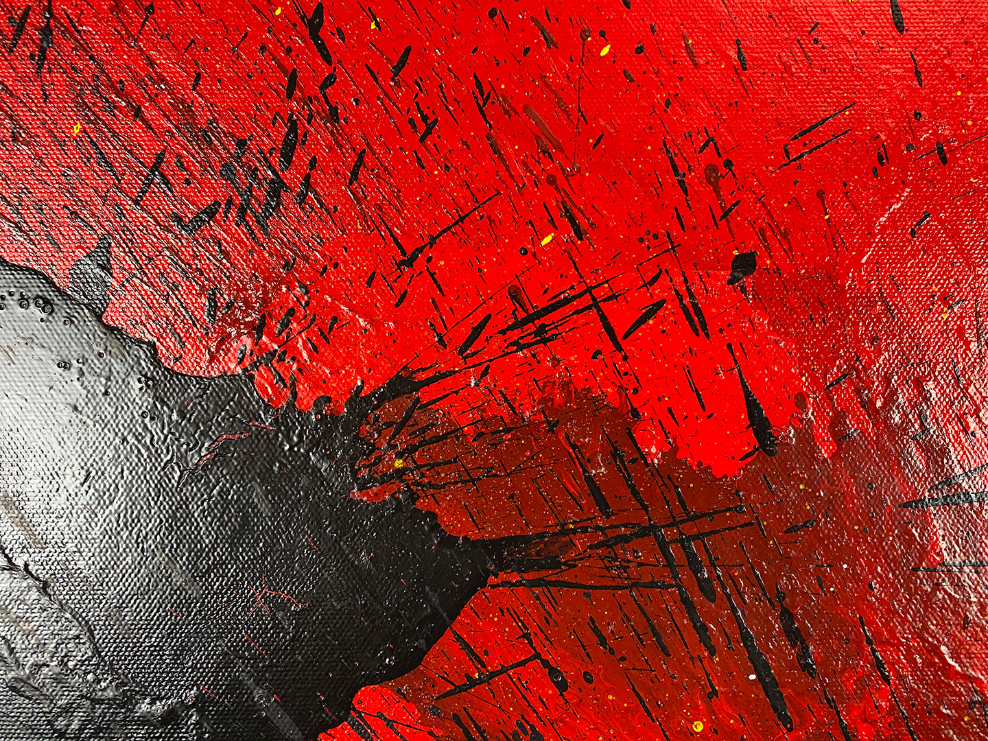 Abstract, expressionism, acrylic painting close-up 4. Exciting explosion of bright red, black, yellow and white on a Gallery-Wrapped canvas