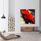 Abstract, expressionism, acrylic 47” giclee print: tumultuous explosion of bright red, black, yellow and white on a pale grey wall above a fireplace, minimalism contemporary room.