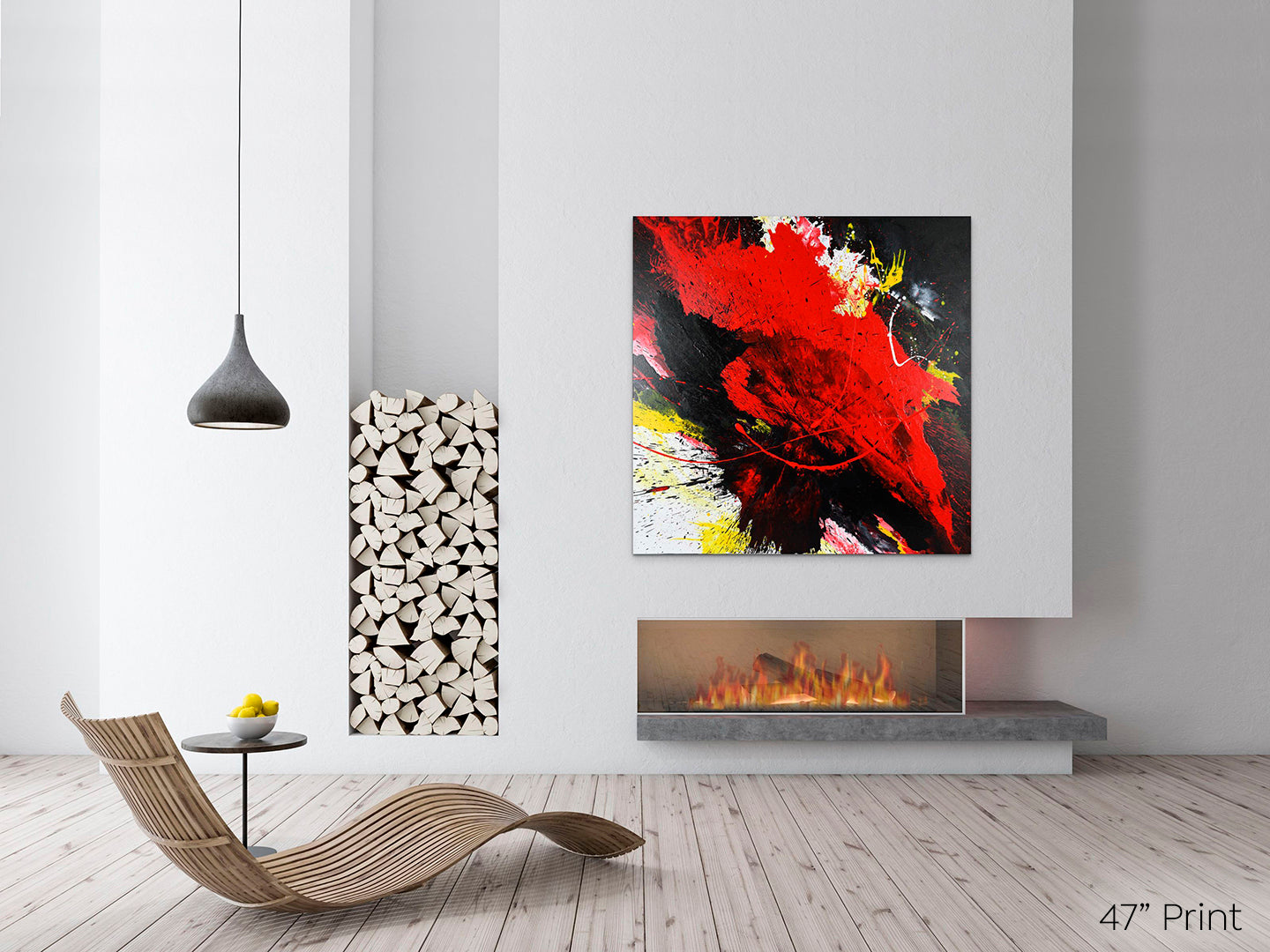 Abstract, expressionism, acrylic 47” giclee print: tumultuous explosion of bright red, black, yellow and white on a pale grey wall above a fireplace, minimalism contemporary room.