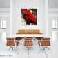 Abstract, expressionism, acrylic 36” original painting or giclee print: tumultuous explosion of bright red, black, yellow and white on a white wall in a stylish office boardroom.