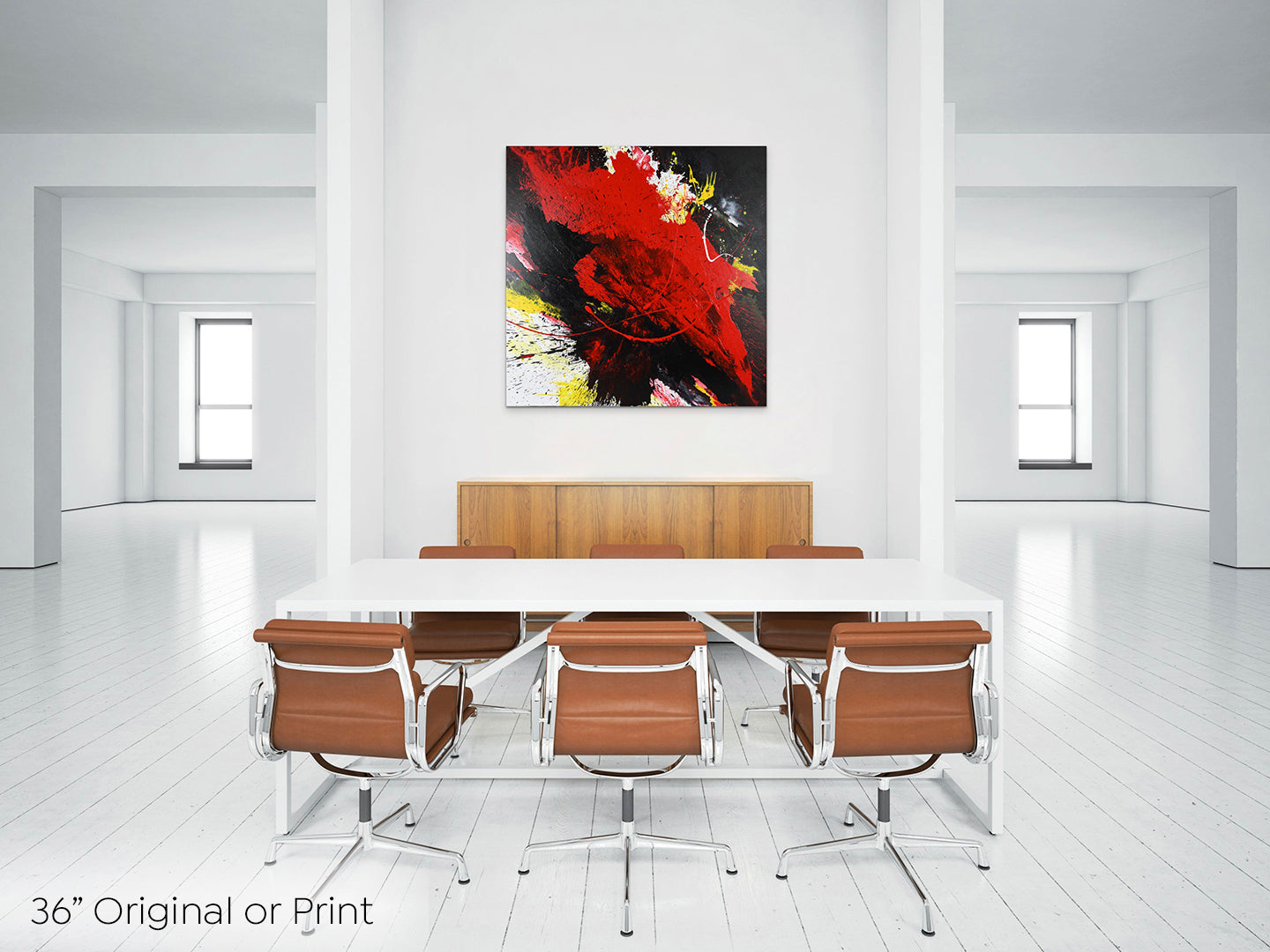 Abstract, expressionism, acrylic 36” original painting or giclee print: tumultuous explosion of bright red, black, yellow and white on a white wall in a stylish office boardroom.